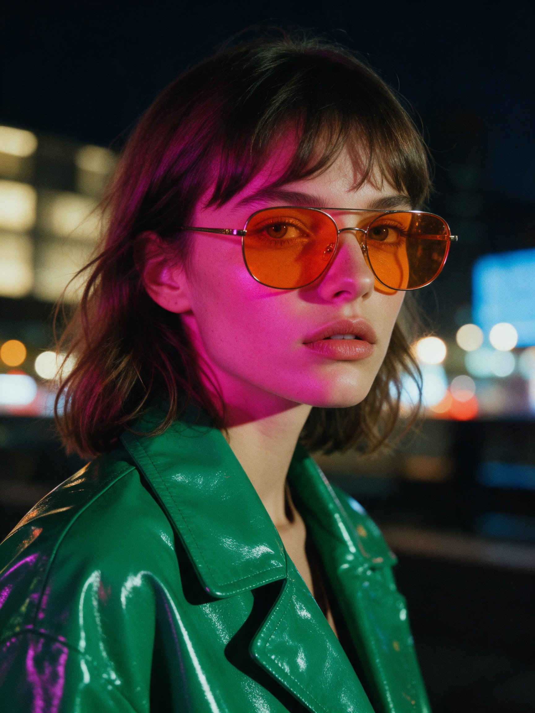 Woman in orange sunglasses under magenta neon